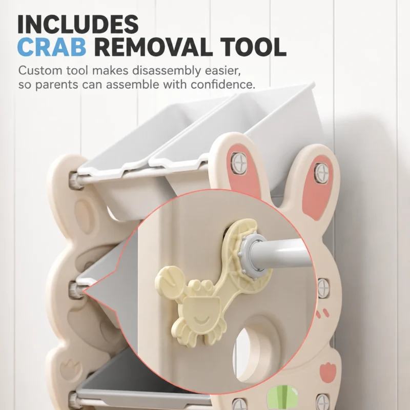 Flexible modular children storage cabinet from China factory featuring a tool-free quick assembly system with custom plastic wrench.