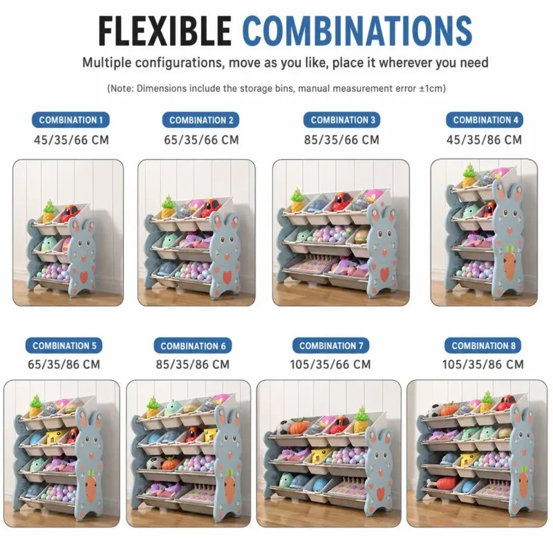 Custom eco-friendly kids storage racks verified by EN71 Test Report showing multiple modular setups and flexible combinations.