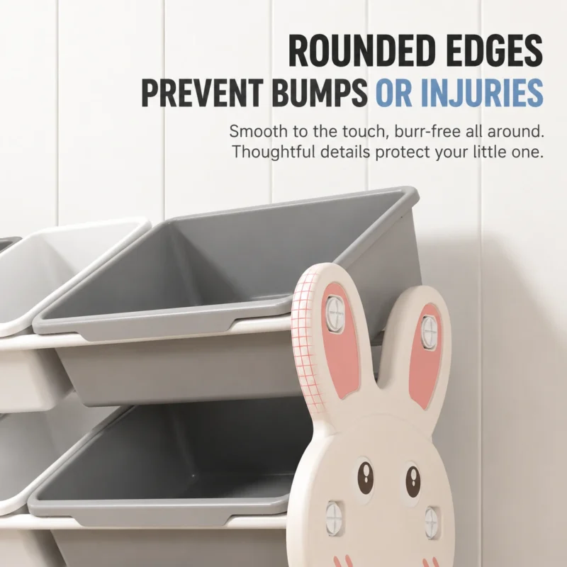 Smartly divided toddler toy storage cabinets featuring smooth rounded edges and polished surfaces to prevent injuries.