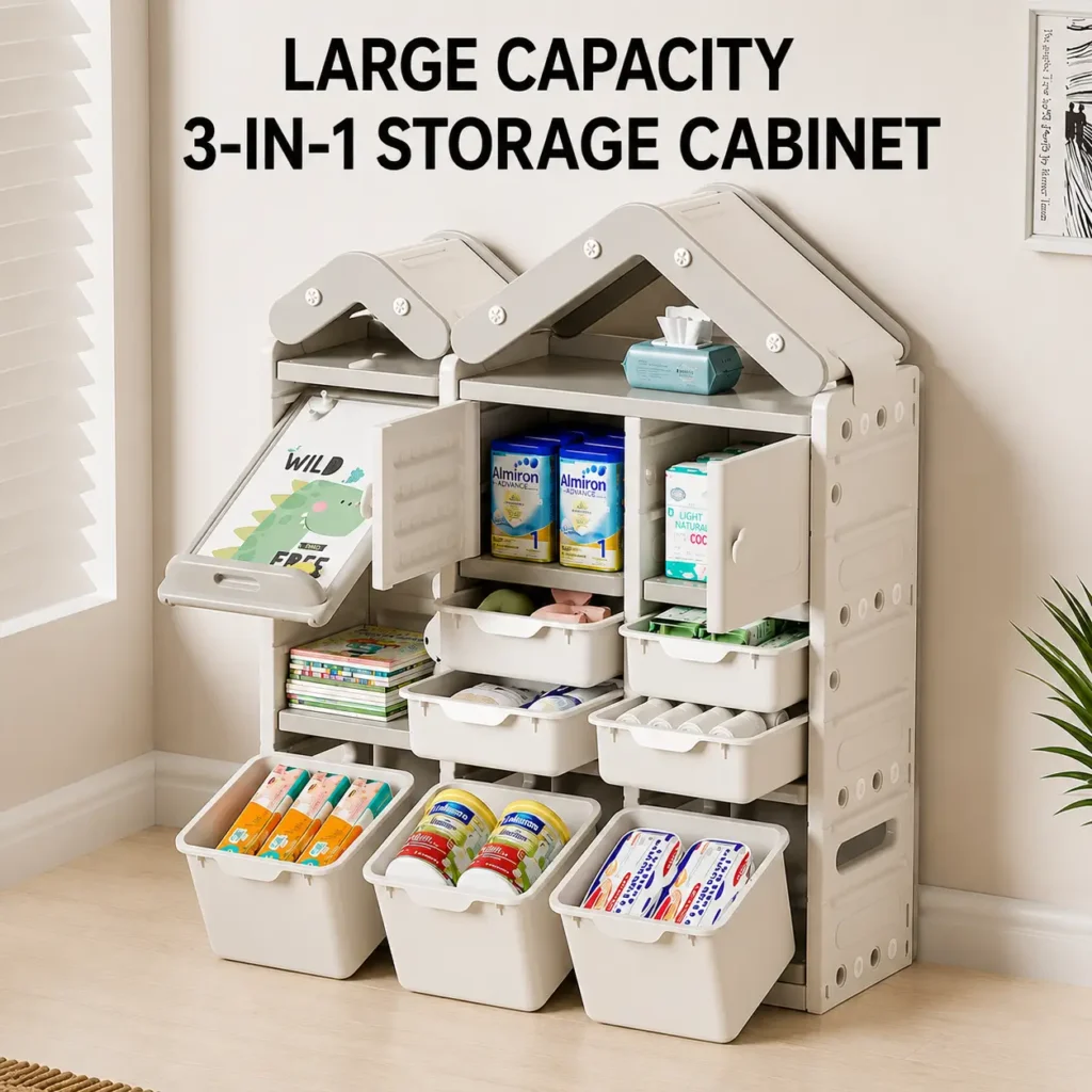 Modular design children storage cabinet with ASTM+CCPIA Testing Report showcasing an extra large capacity 3-in-1 layout.