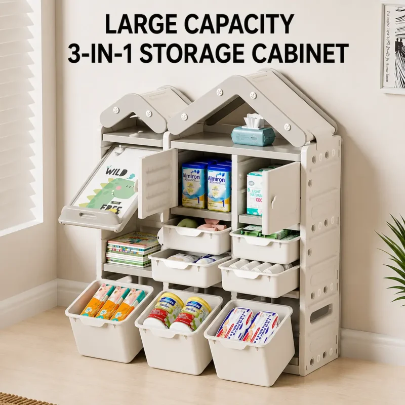 Modular design children storage cabinet with ASTM+CCPIA Testing Report showcasing an extra large capacity 3-in-1 layout.