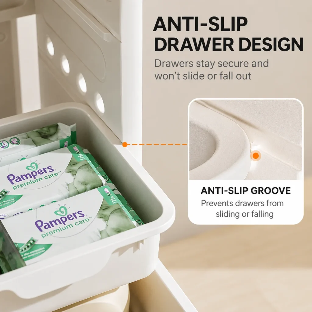 Custom eco-friendly kids storage racks showcasing a smooth built-in anti-slip groove design to prevent plastic drawers from falling.