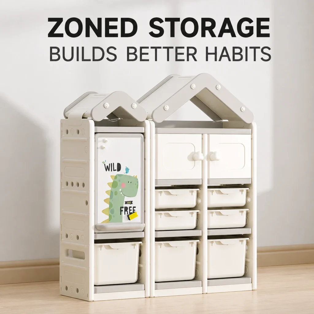 3C Certificate compliant kids toy storage organizer showing a cabin theme multi-layer storage system with zoned cabinets and drawers.