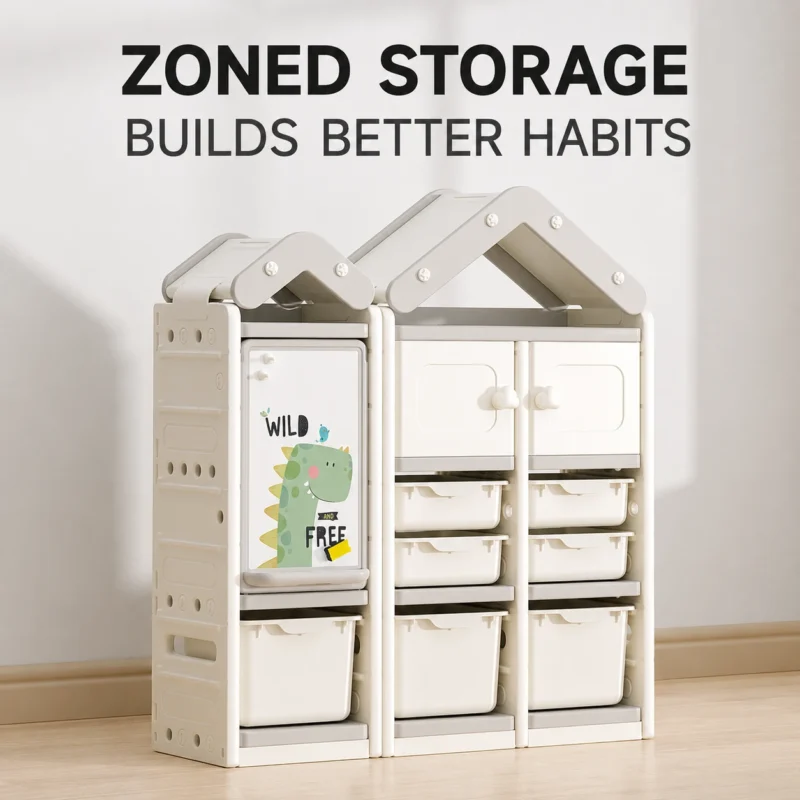 3C Certificate compliant kids toy storage organizer showing a cabin theme multi-layer storage system with zoned cabinets and drawers.