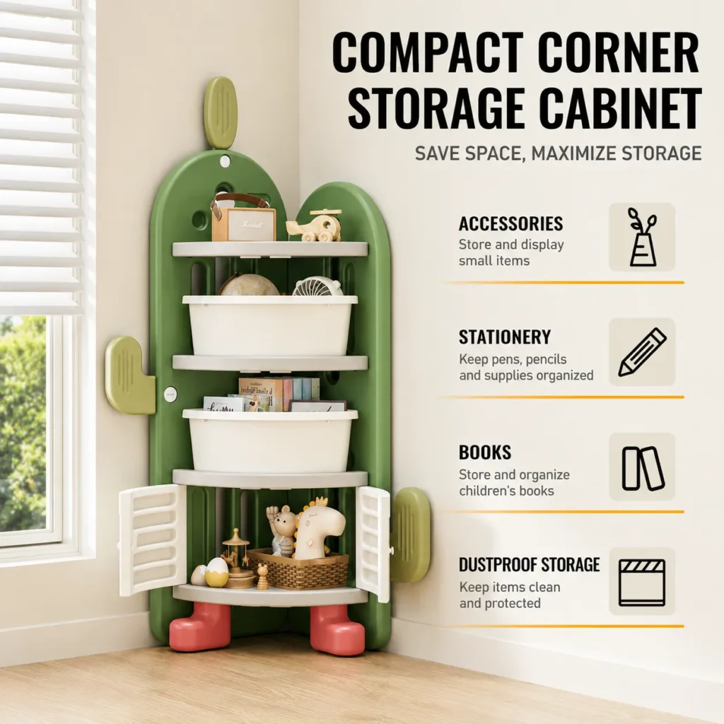 Space-saving kids corner storage cabinet and corner toy organizer with shelves for books, stationery, and dustproof storage.