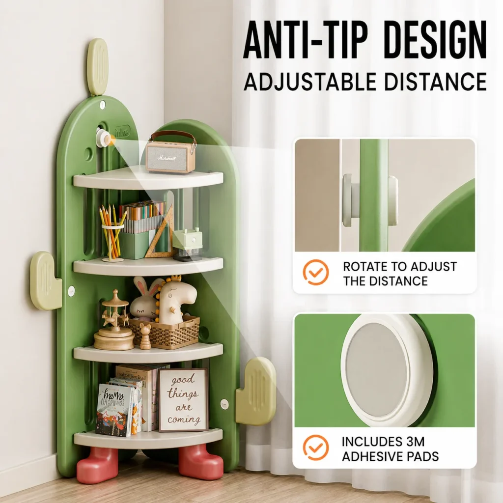 Anti-tip design with adjustable distance and 3M adhesive pads on custom kids corner cabinet from factory with low MOQ.