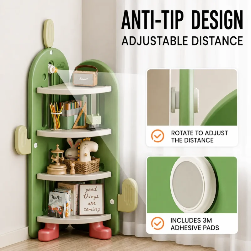 Anti-tip design with adjustable distance and 3M adhesive pads on custom kids corner cabinet from factory with low MOQ.