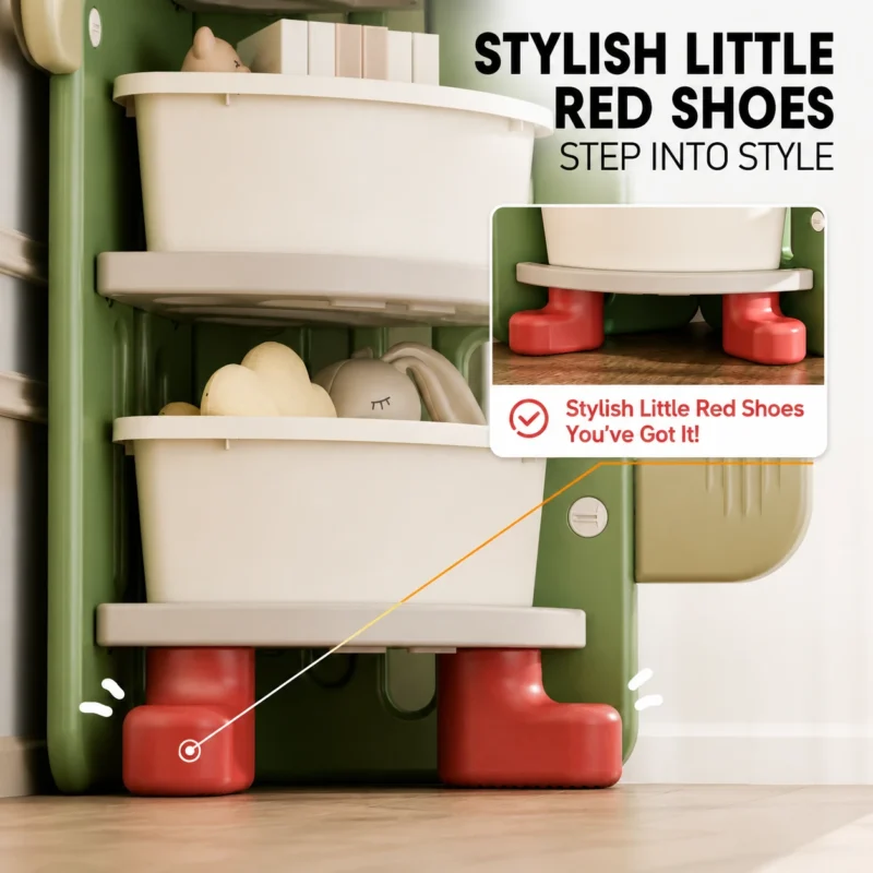 Stylish and stable little red shoes non-slip base on space-saving toddler corner cabinets for wholesale nursery furniture.