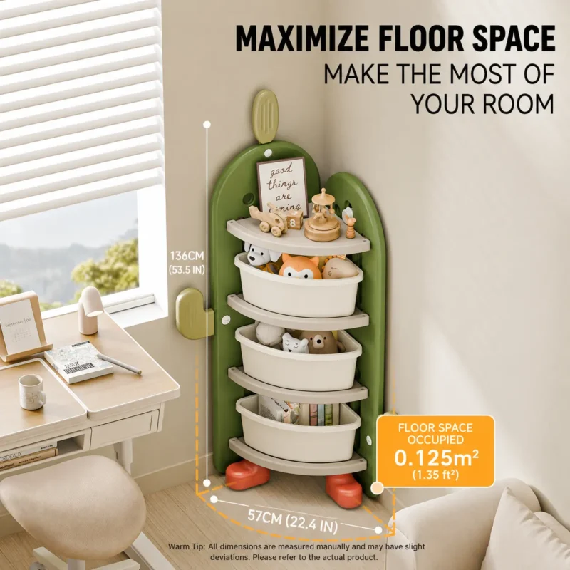 OEM corner storage cabinet for kids maximizing floor space with a compact 0.125 square meter footprint in room corners.