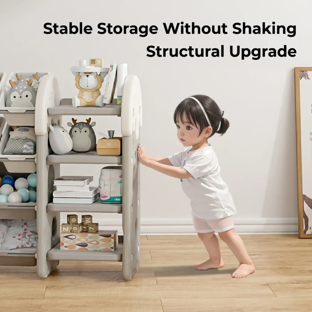 Custom eco-friendly kids storage racks with ASTM+CCPIA Testing Report highlighting an anti-topple structural upgrade with no shaking.