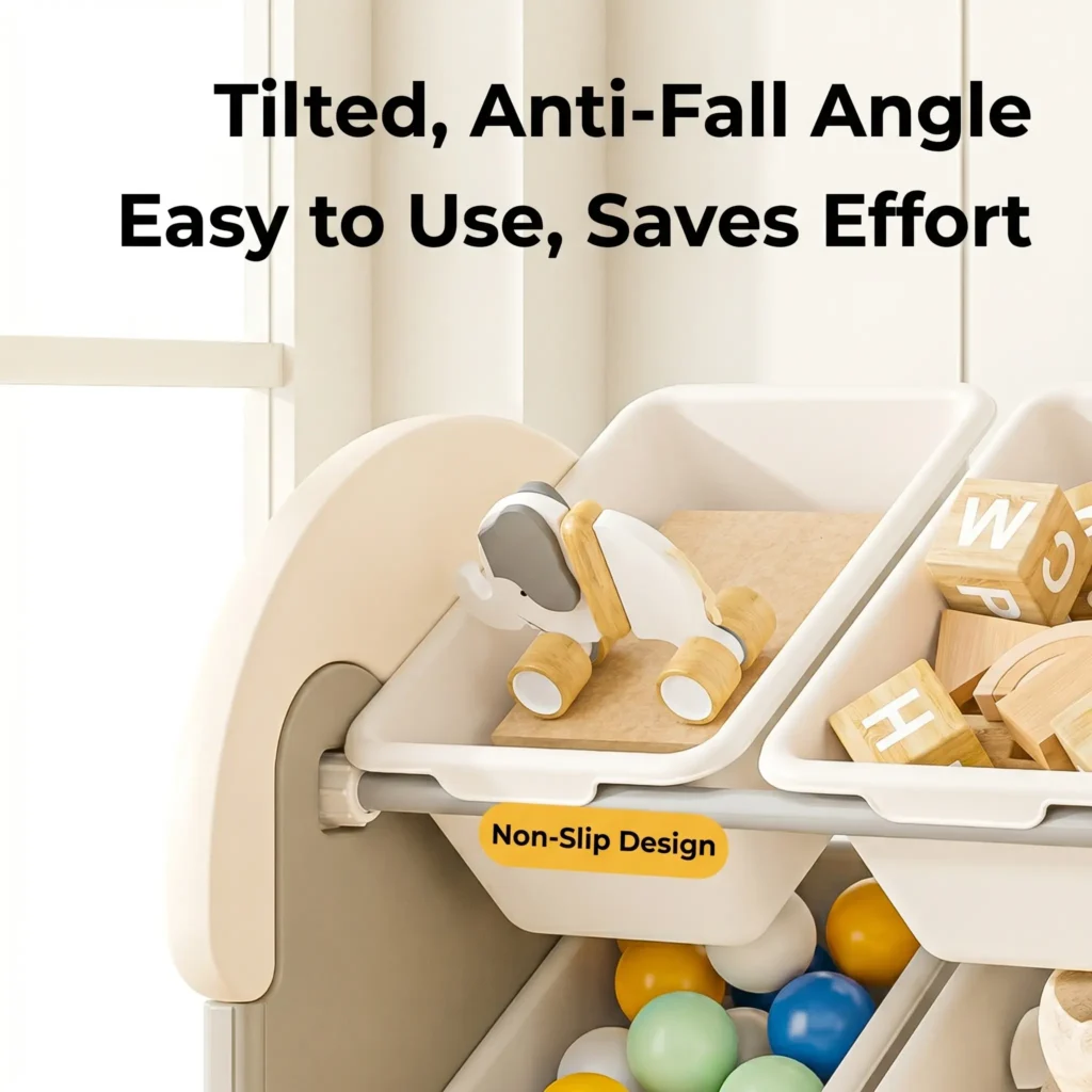 Nursery toy storage bins featuring an ergonomic tilted anti-fall angle design with non-slip slots for toddlers easy and safe access.