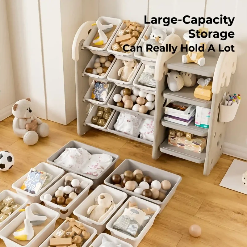 Smartly divided toddler toy storage cabinets showcasing an extra large capacity modular 3-in-1 layout with removable plastic bins.