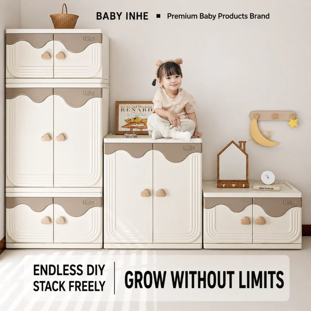 Minimalist kids cake series storage cabinet verified by CE Certificate requirements highlighting a DIY stackable design for playroom spaces.