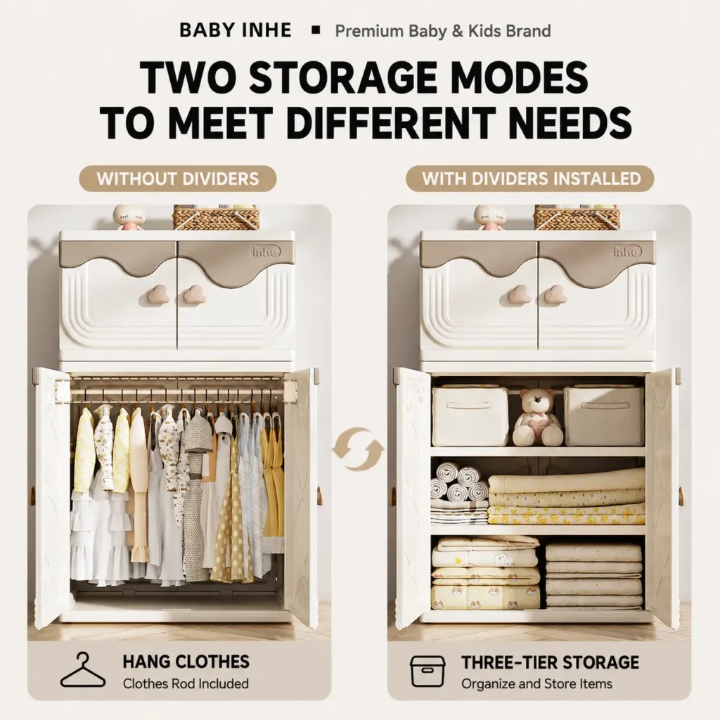 High capacity preschool storage shelves from China factory showing a flexible modular cabinet layout with removable dividers.