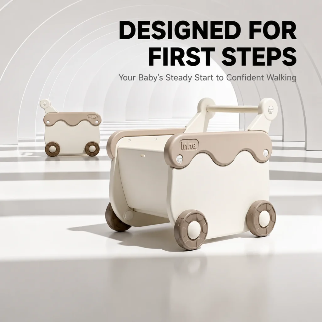 Minimalist kids cake series toy cart with wheels featuring a stable wide-base framework and smooth wood handrail.