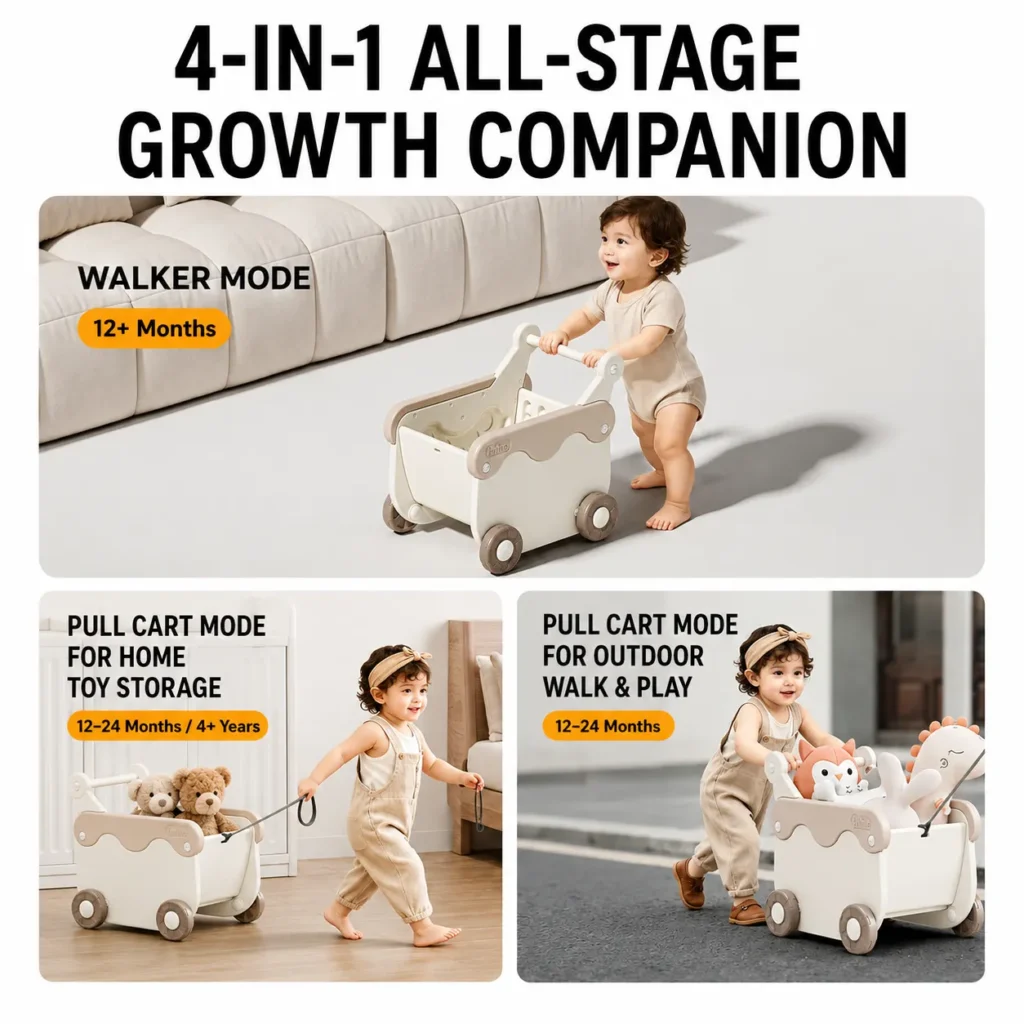 Smartly divided toddler toy storage cabinets exhibiting a multi-functional 4-in-1 design that converts from a baby walker to a pull cart.