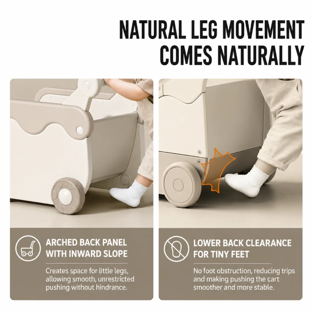 Toddler wooden walker wagon featuring an ergonomic inward-sloping back panel to provide maximum foot clearance and prevent tripping.