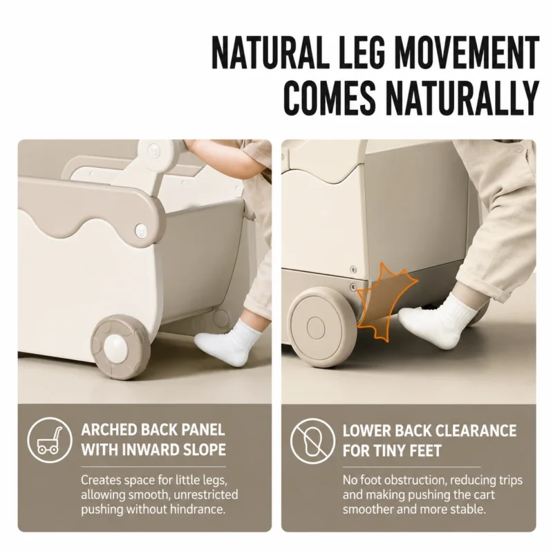 Toddler wooden walker wagon featuring an ergonomic inward-sloping back panel to provide maximum foot clearance and prevent tripping.