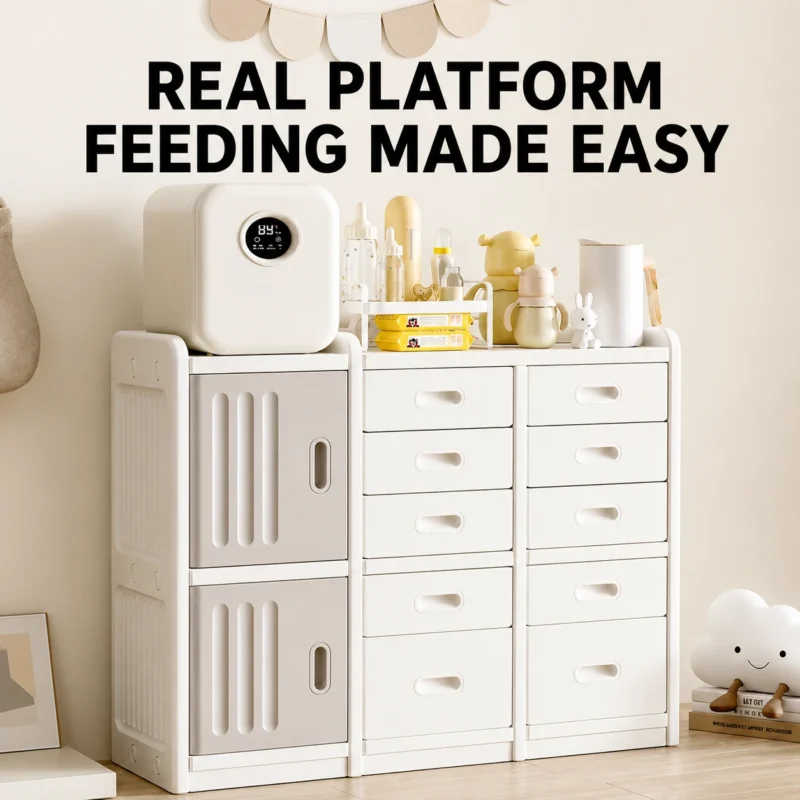 Nursery furniture supplier compliant with CPC Certificate requirements showcasing a multi-functional combined storage cabinet and feeding platform.