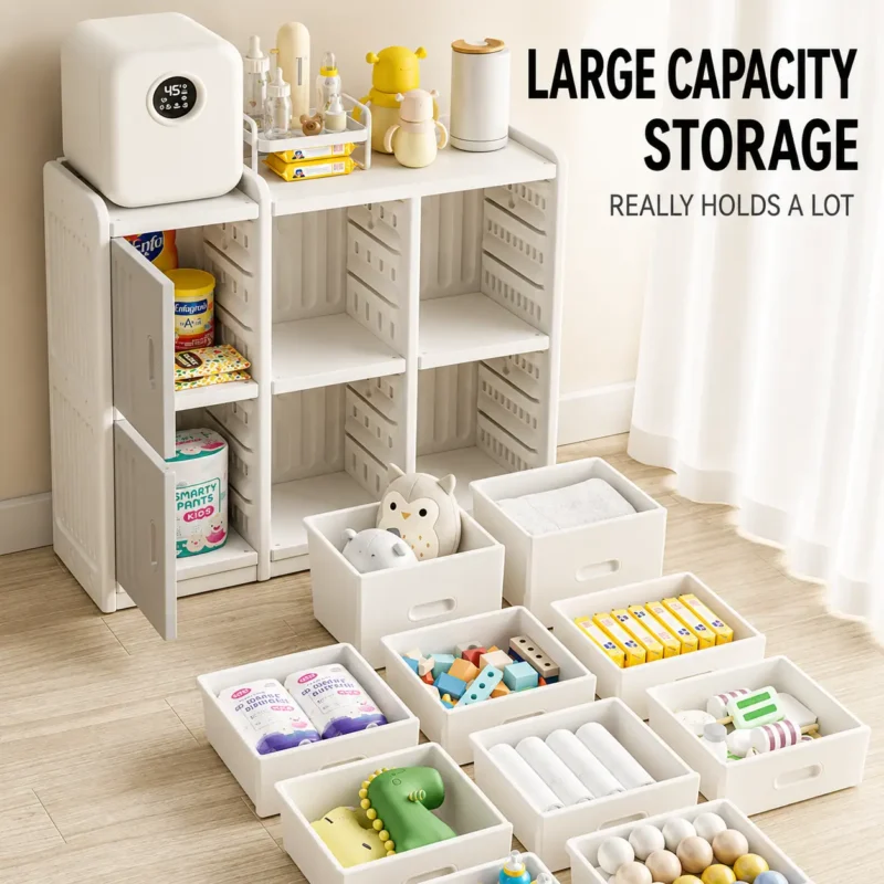 Minimalist kids capsule theme storage cabinet verified by EN71 Test Report showcasing an extra large capacity modular 3-in-1 layout.