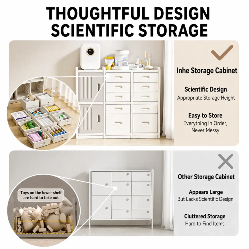 Smartly divided toddler toy storage cabinets from China factory showing a contrast of scientific height layout versus cluttered storage.