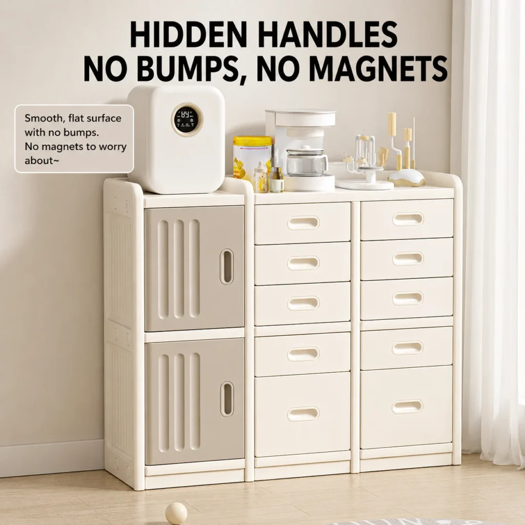 Custom eco-friendly kids storage racks with ASTM+CCPIA Testing Report featuring an integrated smooth surface with hidden handles.