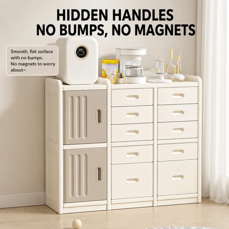 Custom eco-friendly kids storage racks with ASTM+CCPIA Testing Report featuring an integrated smooth surface with hidden handles.