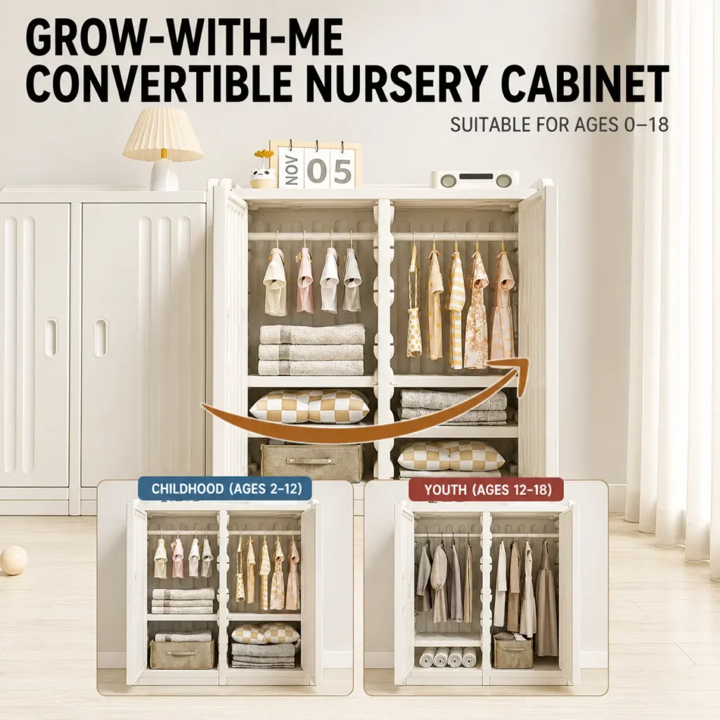 Modular design children storage cabinet from China factory featuring a convertible nursery wardrobe layout adjustable for ages 0 to 18.