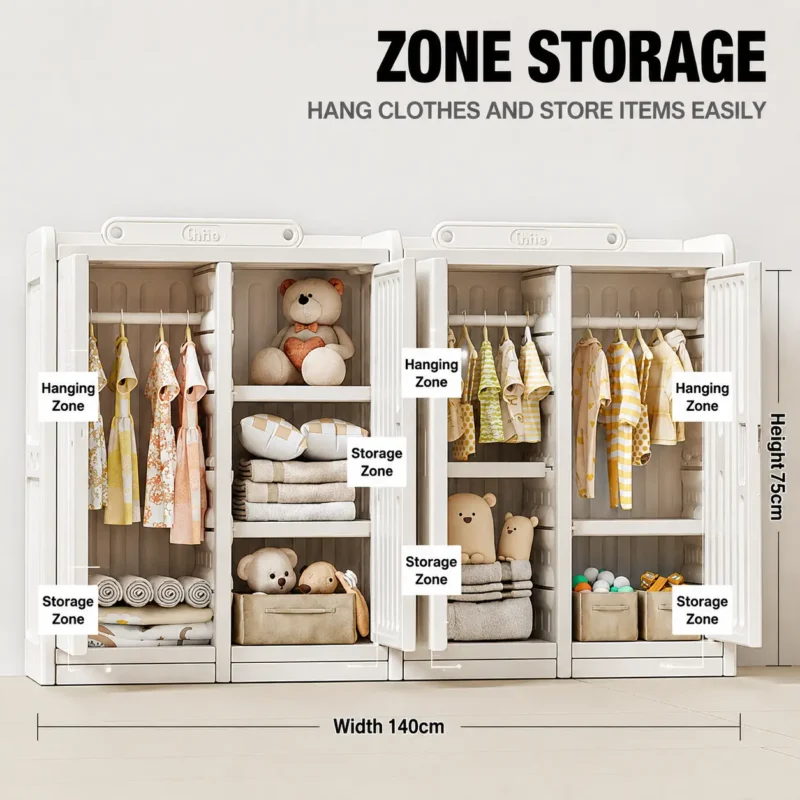 High capacity preschool storage shelves showing a modular kids wardrobe layout with flexible hanging zones and clothing cabinets.