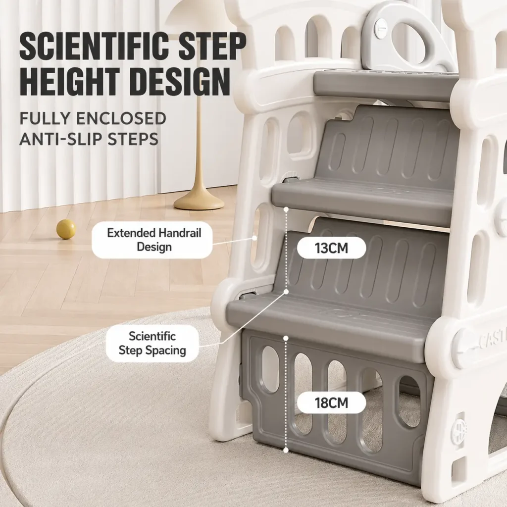 Kids swing-slide combination set factory showcasing fully enclosed anti-slip steps and extended handrails for toddler climbing safety.