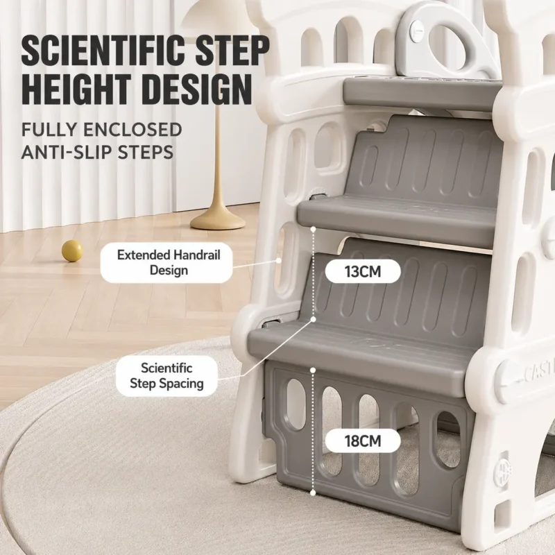 Kids swing-slide combination set factory showcasing fully enclosed anti-slip steps and extended handrails for toddler climbing safety.