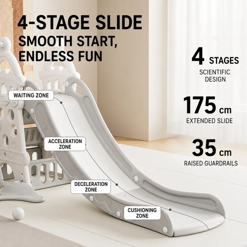 Minimalist kids slide with extended safety buffer showing a 175cm 4-stage scientific zoning path and 35cm raised guardrails.