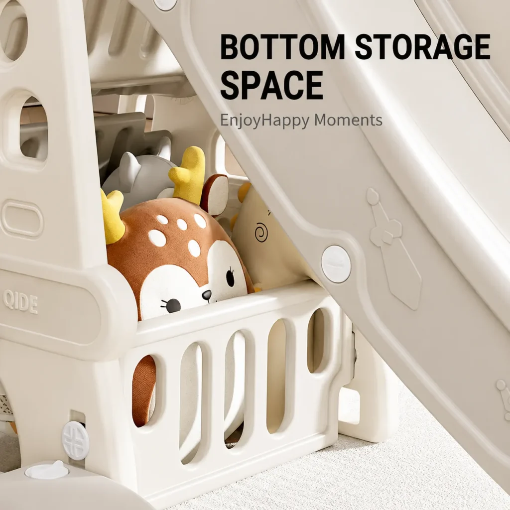 Toddler indoor slides wholesale highlighting integrated bottom storage space for plush toys from children toy organizer factory.
