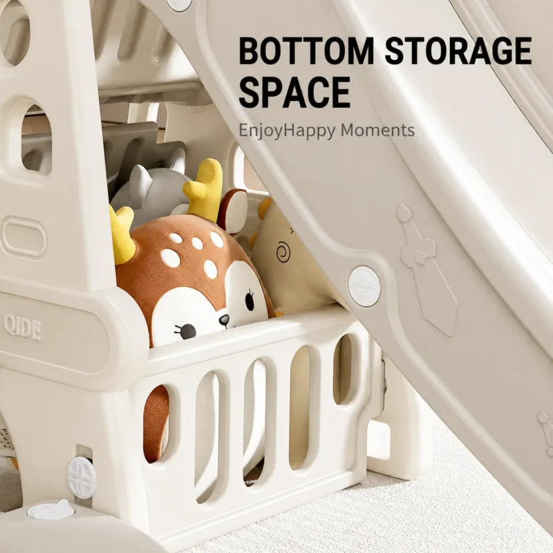Toddler indoor slides wholesale highlighting integrated bottom storage space for plush toys from children toy organizer factory.