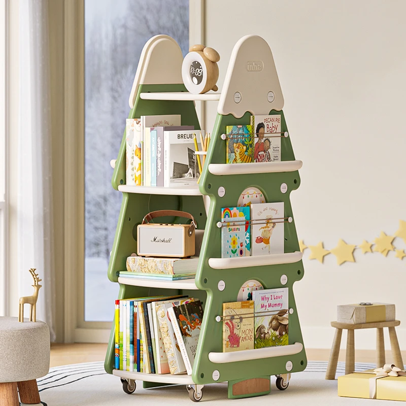 Minimalist kids bookshelf and mobile forward-facing picture book organizer in a modern nursery from wholesale furniture supplier.