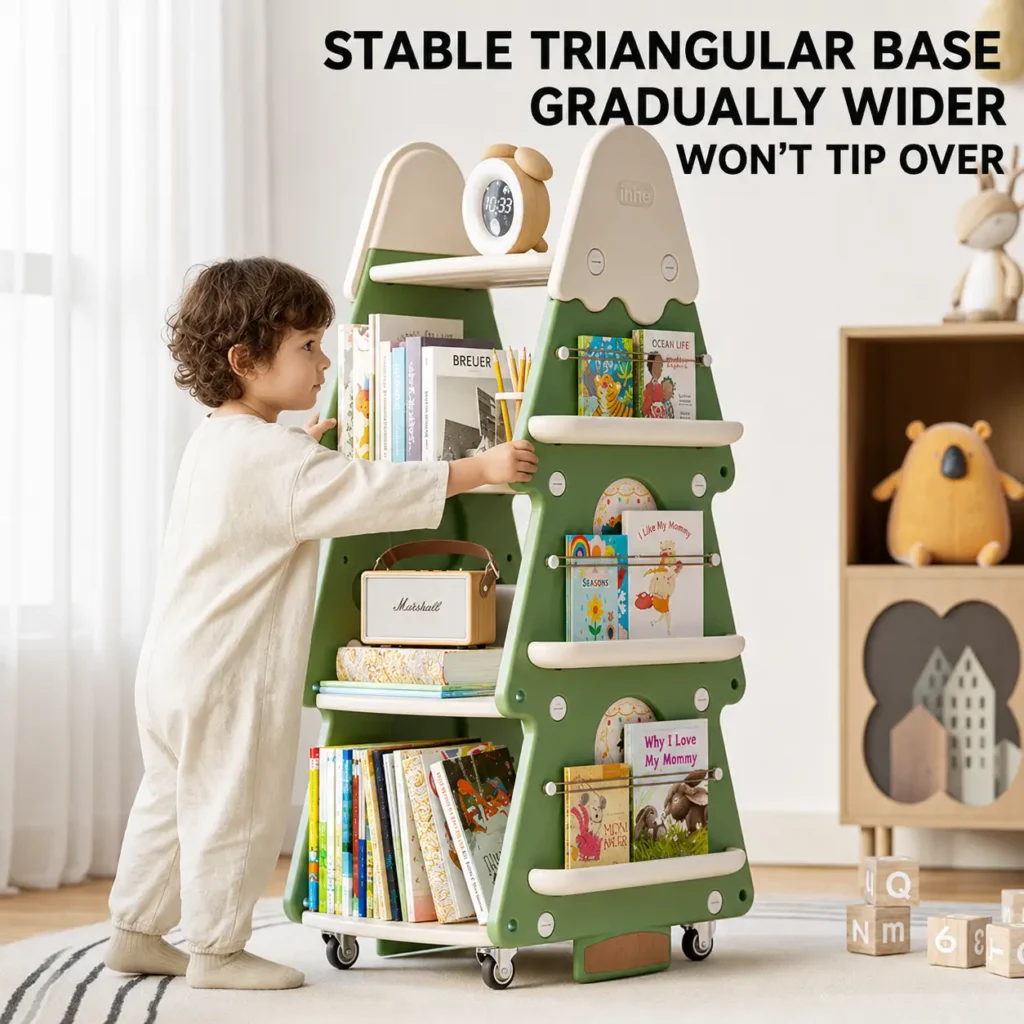 Stable children furniture wholesale showing a plastic kids christmas tree bookshelf with a triangular base to prevent tipping.