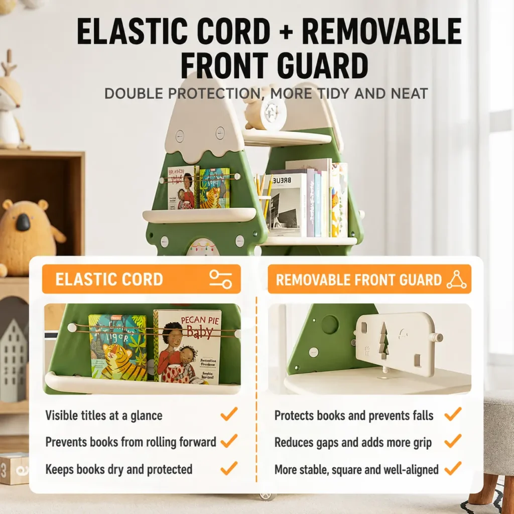 High capacity preschool bookcases with elastic cord and removable front guard double protection to keep toddler books secure.