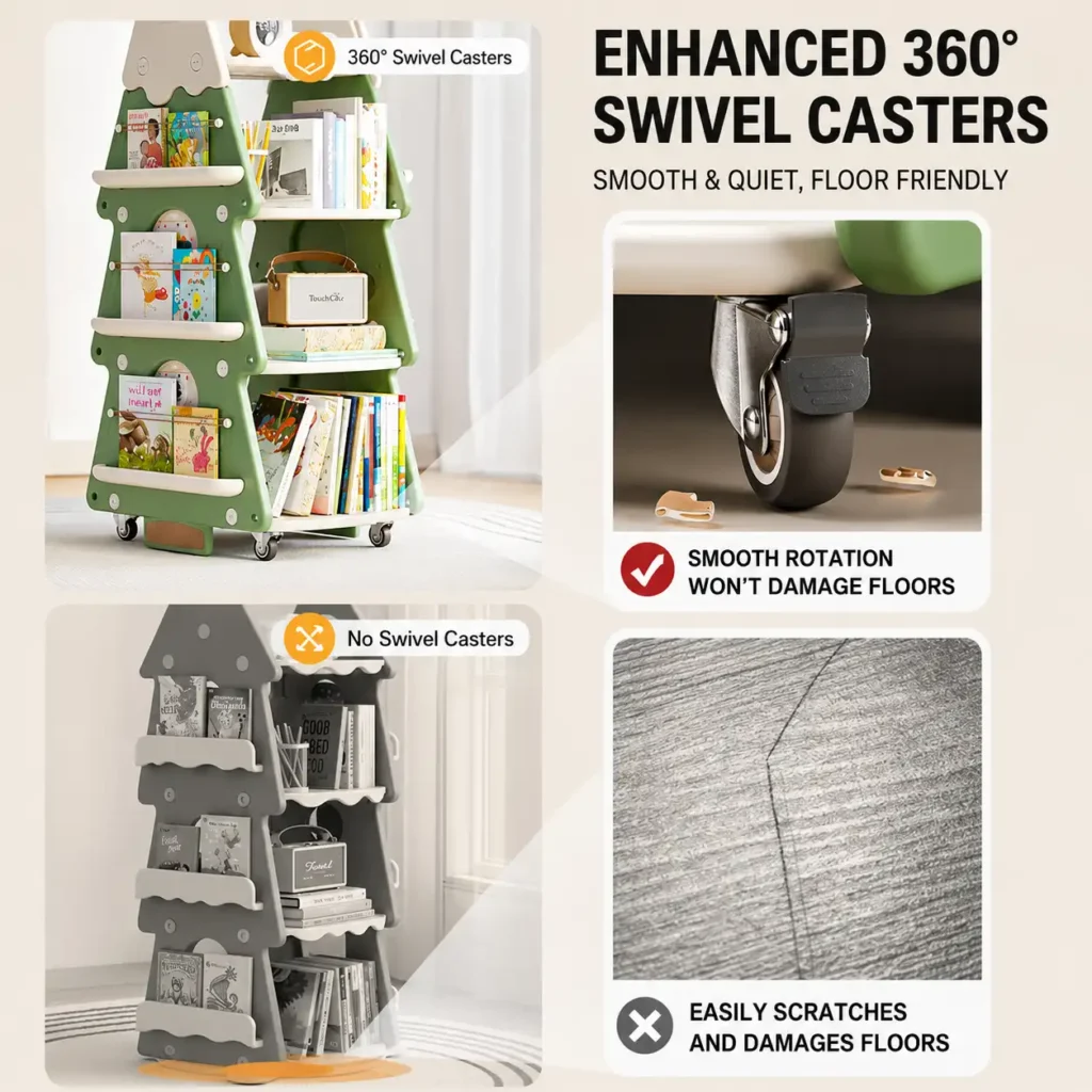 Toddler book rack factory price featuring enhanced 360 degree swivel casters for smooth quiet and floor friendly mobility.