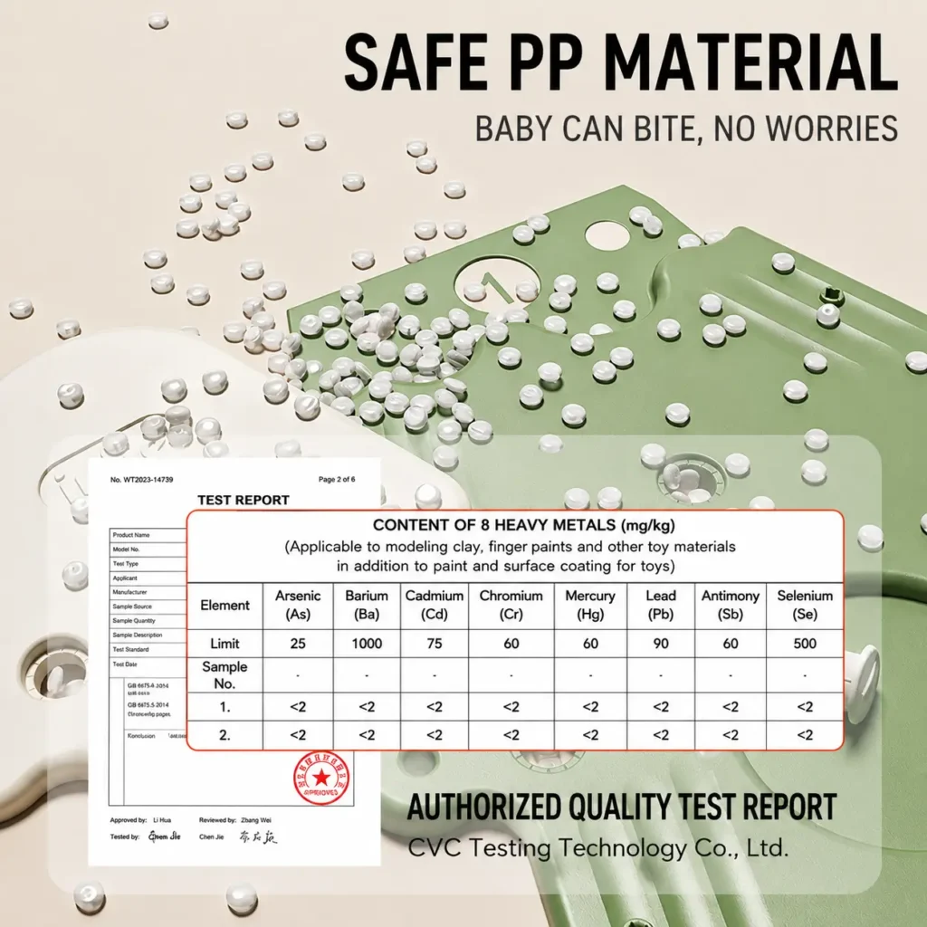 CE certified children bookshelf wholesale showing material safety test report for non toxic food grade PP material from China factory.