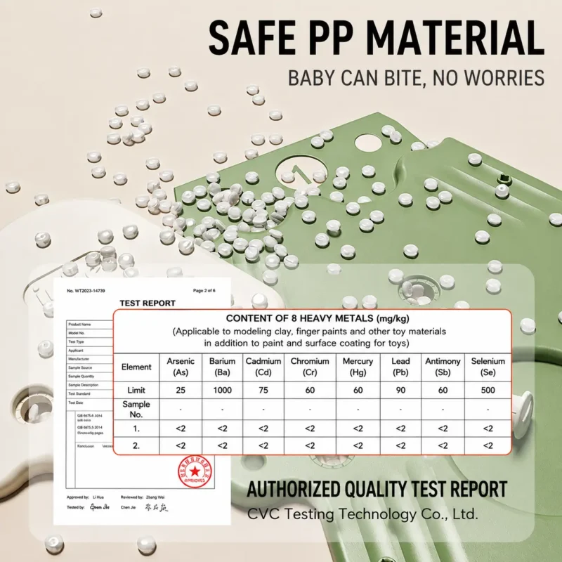 CE certified children bookshelf wholesale showing material safety test report for non toxic food grade PP material from China factory.