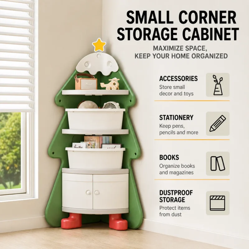 Small corner storage cabinet with multi-layer shelves and dustproof doors, custom kids corner cabinet from factory with low MOQ.