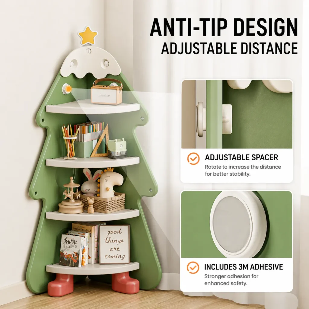 Anti-tip safety design with adjustable spacer and 3M adhesive on custom kids corner storage solutions from OEM factory.