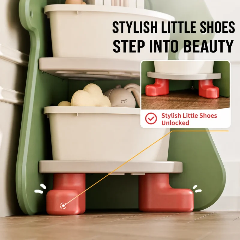 Stable little shoes non-slip base design on a plastic toddler corner toy organizer from China OEM manufacturer.