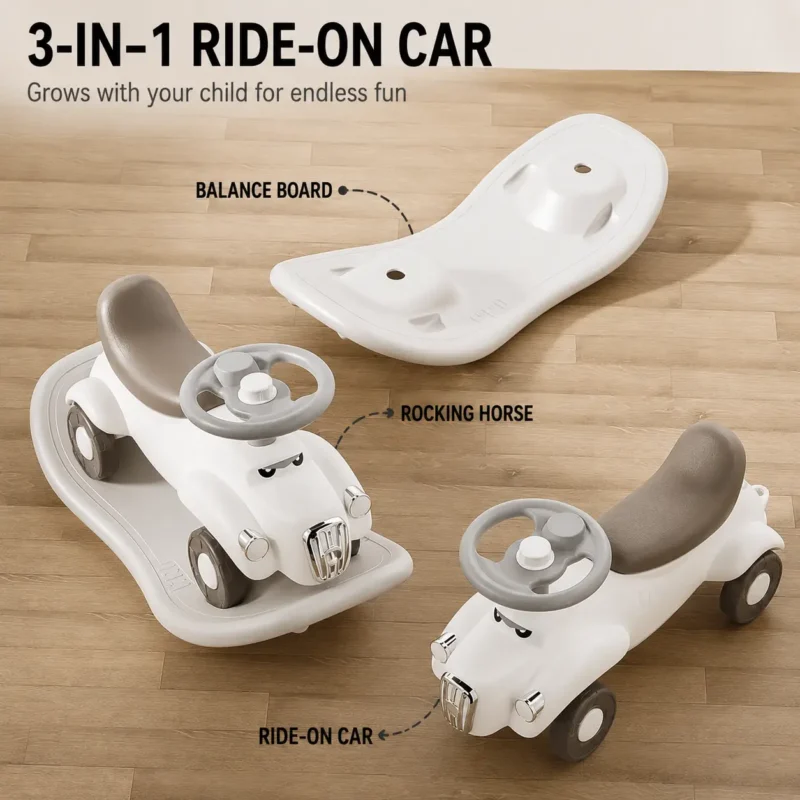 Custom 2-in-1 children rocking horse showing a detachable base plate structure that easily converts from a sliding car to a rocker.