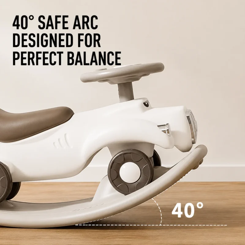 Ergonomic plastic rocking horse exhibiting a scientific 40-degree anti-tip structural design to prevent rollover during active play.