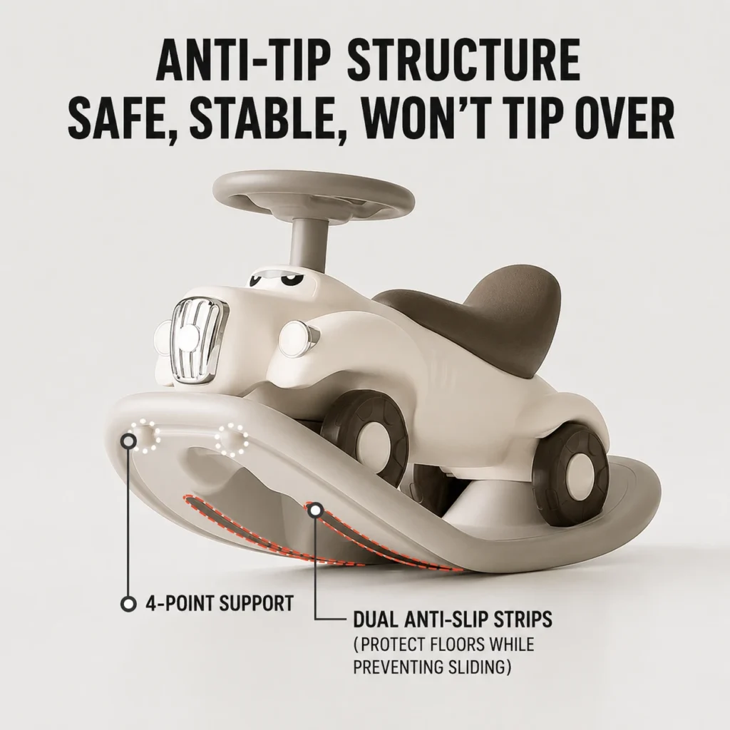 Heavy duty sliding ride-on car showcasing a widened anti-topple rocker plate framework with integrated dual anti-slip rubber strips.