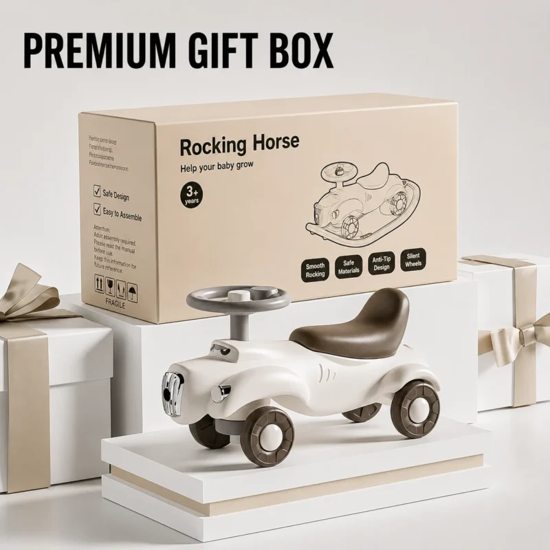 Premium preschool children rocking horse verified by ASTM+CCPIA Testing Report showcased with an elegant brand gift box.