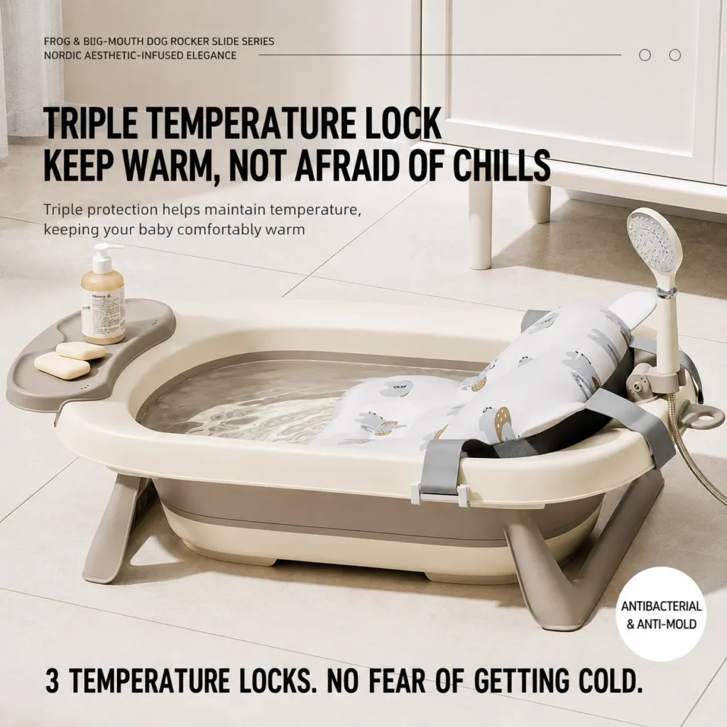 Heavy duty non-slip newborn infant bath tub system from China factory displaying a multi-point stable legs framework and ergonomic support cushion.