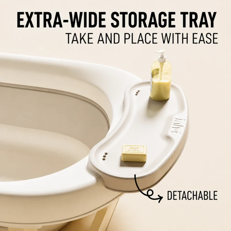 Smartly divided kids bath bucket organizer system featuring a widened detachable shampoo soap storage tray layout.