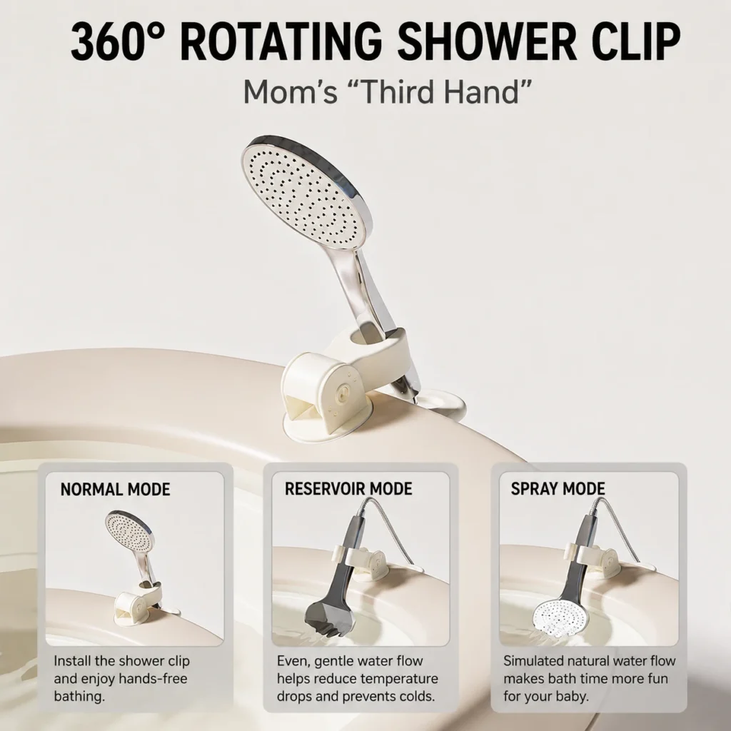 Custom foldable baby bathtub from China supplier showcasing a 360-degree rotating shower head clip mechanism for hands-free nursery bathing.